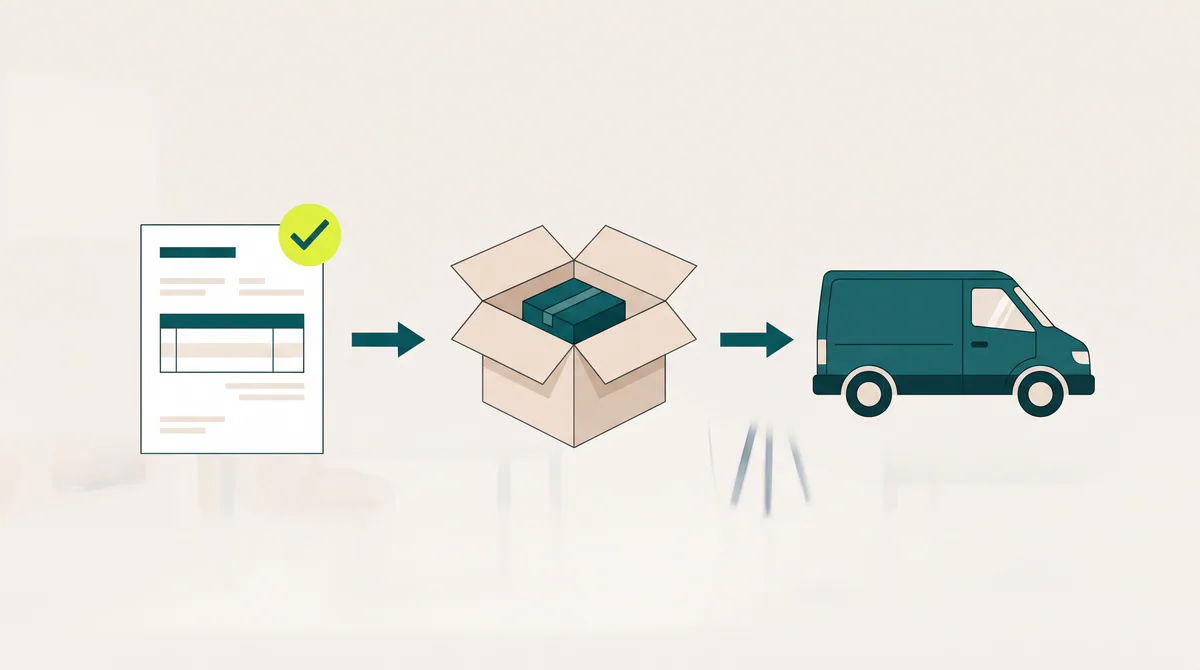 Voorbeeld van een 2D-animatie: een stappenplan van een document via een pakket naar een bezorgbus.