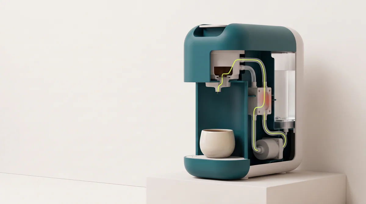 Voorbeeld van een 3D-animatie: een koffieapparaat in doorsnede, waardoor de werking zichtbaar wordt.