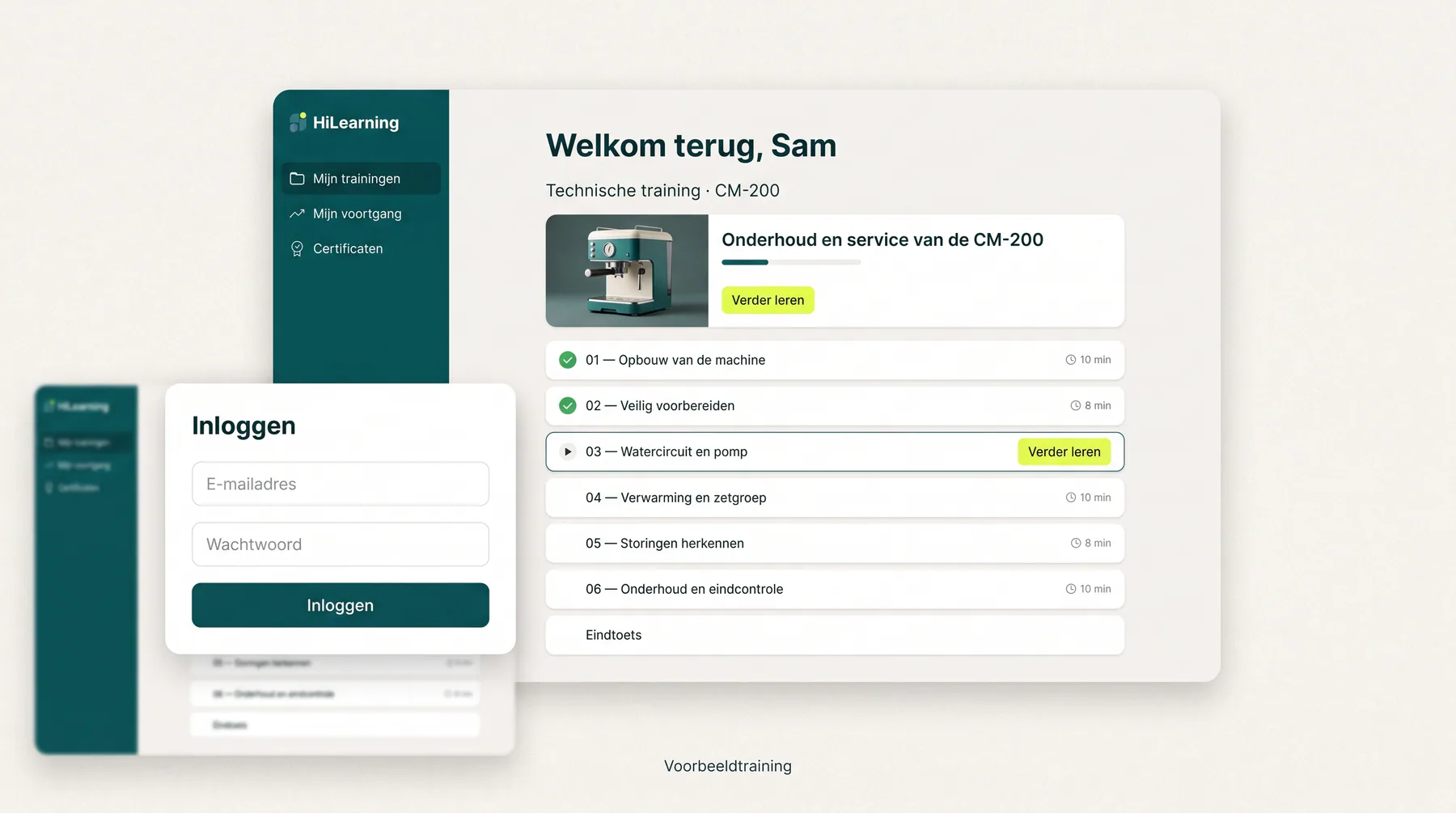 Voorbeeldscherm van een leeromgeving: een inlogscherm en het moduleoverzicht van een training, met de voortgang per onderdeel. Fictieve voorbeeldtraining.