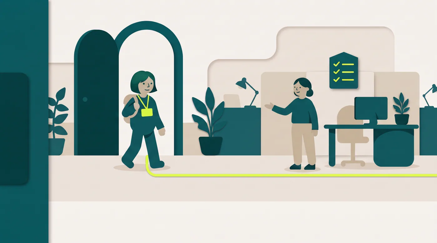 Illustratie van een nieuwe medewerker die binnenkomt en op de werkplek wordt verwelkomd door een collega.