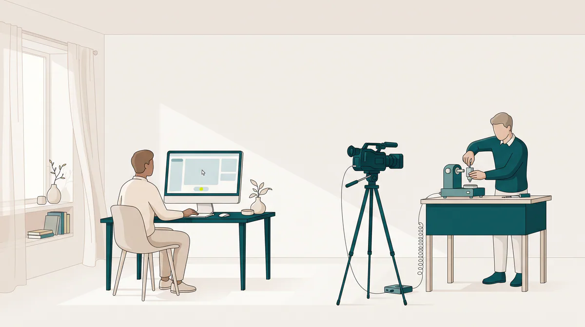 Illustratie van opnames voor een instructie: een camera filmt een handeling aan een werktafel, terwijl een collega de uitleg op de computer volgt.
