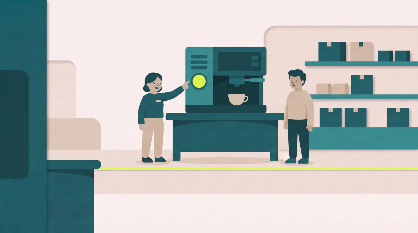 Illustratie van een medewerker die een koffieapparaat demonstreert aan een collega, als voorbeeld van productuitleg en verkooptraining.