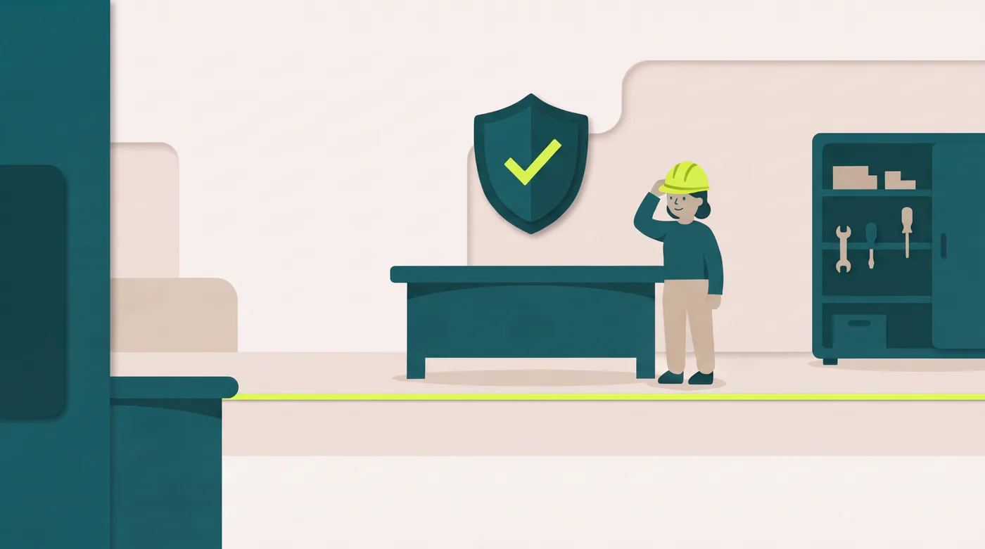 Illustratie van veilig werken: een medewerker met veiligheidshelm naast een schild met een vinkje.